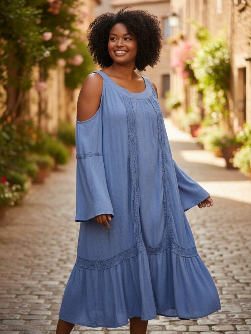 Terra & Sky Blue Cold Shoulder Boho Dress 2X Plus Size Bell Sleeve Womens 2X
